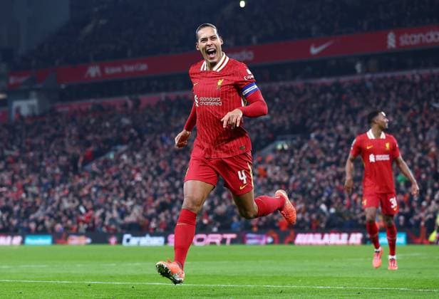 Virgil van Dijk of Liverpool celebrates scoring a goal to make it 4-0 Liverpool v Tottenham Hotspur, EFL Carabao Cup, Semi Final, Second Leg, Football, Anfield, Liverpool, UK - 06 Feb 2025 EDITORIAL USE ONLY No use with unauthorised audio, video, data, fixture lists, club league logos or live services. Online in-match use limited to 120 images, no video emulation. No use in betting, games or single club league player publications. Copyright: xMattxWest Shutterstockx 15132688ap