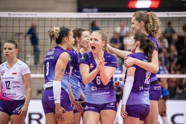 Marrit Jasper (KS DevelopRes Rzeszow, 06) - Schrei, Jubel GER, Allianz MTV Stuttgart vs. KS DevelopRes Rzeszow, Volleyball, CEV Volleyball Champions League, Volleyball CL, VCL, Finalrunde, Achtelfinale, Spielzeit 2024 2025, 06.02.2025 GER, Allianz MTV Stuttgart vs. KS DevelopRes Rzeszow, Volleyball, CEV Volleyball Champions League, Volleyball CL, VCL, Finalrunde, Achtelfinale, Spielzeit 2024 2025, 06.02.2025 Stuttgart Copyright: xSandyxDinkelackerx EP_SDR