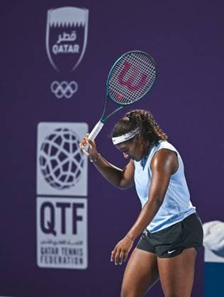 WTA, Tennis Damen QATAR OPEN TENNIS TOURNAMENT QUALIFYING 1st ROUND Hailey Baptiste of United States reacts during her Qualifying 1st round match against Rebeka Masarova of Switzerland ahead of the WTA Qatar TotalEnergies Open2025 tennis tournament at the Khalifa International Tennis Complex in Doha, Qatar, on February 7, 2025. Copyright: xNOUSHADx