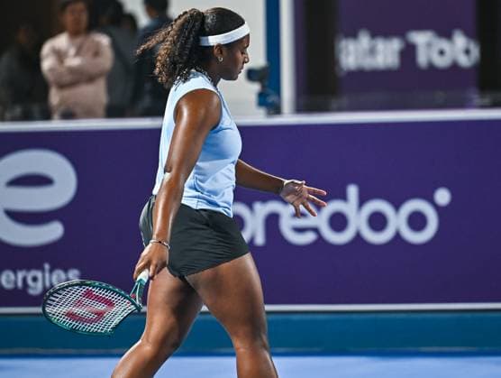 WTA, Tennis Damen QATAR OPEN TENNIS TOURNAMENT QUALIFYING 1st ROUND Hailey Baptiste of United States reacts during her Qualifying 1st round match against Rebeka Masarova of Switzerland ahead of the WTA Qatar TotalEnergies Open2025 tennis tournament at the Khalifa International Tennis Complex in Doha, Qatar, on February 7, 2025. Copyright: xNOUSHADx