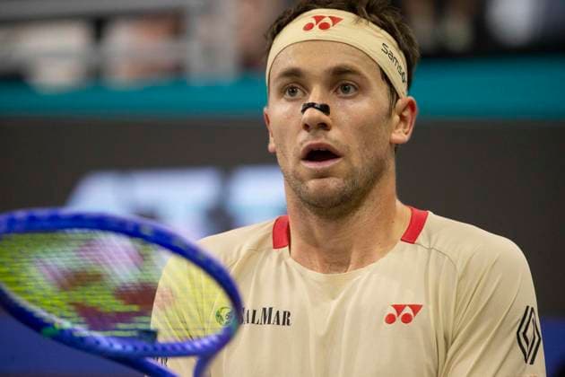 February 7, 2025, Frisco, Texas, USA: CASPER RUUD (NOR) reacts in a singles quarterfinal match against YOSHIHITO NISHIOKA (JPN) during day seven of the 2025 Dallas Open at the Star in Frisco, TX. CASPER RUUD (NOR) defeated YOSHIHITO NISHIOKA (JPN), 7:5, 3:2. Nishioka forfeited the match due to injury. Frisco USA - ZUMAh193 20250207_zsp_h193_046 Copyright: xDanielxMcGregor-Huyerx
