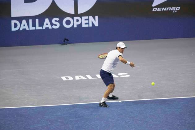 February 7, 2025, Frisco, Texas, USA: YOSHIHITO NISHIOKA (JPN) returns with a forehand in a singles quarterfinal match against CASPER RUUD (NOR) during day seven of the 2025 Dallas Open at the Star in Frisco, TX. CASPER RUUD (NOR) defeated YOSHIHITO NISHIOKA (JPN), 7:5, 3:2. Nishioka forfeited the match due to injury. Frisco USA - ZUMAh193 20250207_zsp_h193_051 Copyright: xDanielxMcGregor-Huyerx