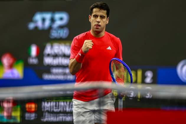 February 7, 2025, Frisco, Texas, USA: JAUME MUNAR (ESP) celebrates a point against Matteo Arnaldi (ITA) during the quarterfinals of the ATP, Tennis Herren Dallas Open at Ford Center at The Star. MUNAR wins 4:6, 6:3, 3:6. Frisco USA - ZUMAf180 20250207_zsp_f180_004 Copyright: xMarkxFannx