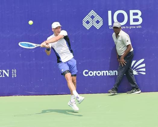 Chennai Open 2025: Kyrian JACQUET (FRA) vs Dalibor SVRCINA (CZE) Kyrian JACQUET (FRA) in action Chennai SDAT Stadium INDIA Copyright: xSeshadrixSukumarx