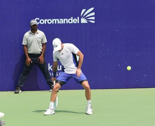 Chennai Open 2025: Chennai Open 2025: Kyrian JACQUET (FRA) vs Dalibor SVRCINA (CZE) Kyrian JACQUET (FRA) won by 6-4,6-1 Kyrian JACQUET (FRA) in action Chennai SDAT Stadium INDIA Copyright: xSeshadrixSukumarx
