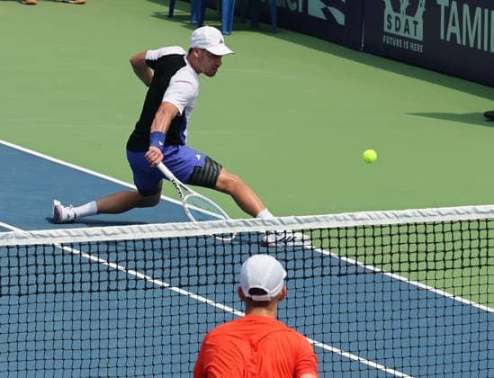 Chennai Open 2025: Chennai Open 2025: Kyrian JACQUET (FRA) vs Dalibor SVRCINA (CZE) Kyrian JACQUET (FRA) won by 6-4,6-1 Kyrian JACQUET (FRA) in action Chennai SDAT Stadium INDIA Copyright: xSeshadrixSukumarx