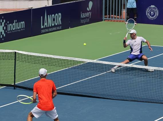 Chennai Open 2025: Chennai Open 2025: Kyrian JACQUET (FRA) vs Dalibor SVRCINA (CZE) Kyrian JACQUET (FRA) won by 6-4,6-1 Dalibor SVRCINA (CZE) in action Chennai SDAT Stadium INDIA Copyright: xSeshadrixSukumarx