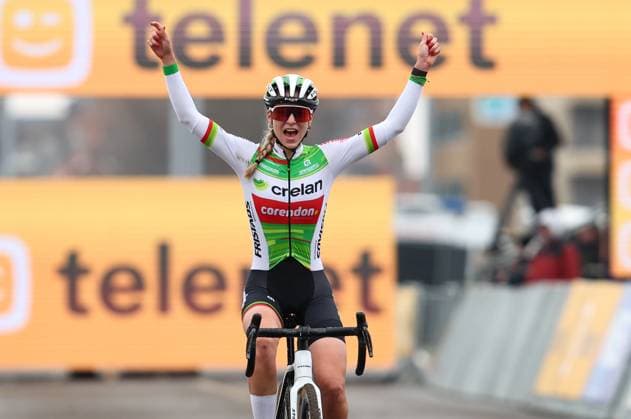 Dutch Inge van der Heijden celebrates as she crosses the finish line to win the women elite race of the Noordzeecross cyclocross cycling event in Middelkerke, the eighth and last race of the Superprestige competition on Saturday 08 February 2025. DAVIDxPINTENS  x111984011x