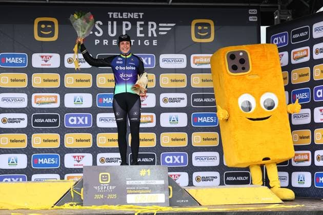 Dutch Lucinda Brand celebrates on the podium after the women elite race of the Noordzeecross cyclocross cycling event in Middelkerke, the eighth and last race of the Superprestige competition on Saturday 08 February 2025. DAVIDxPINTENS  x111984105x