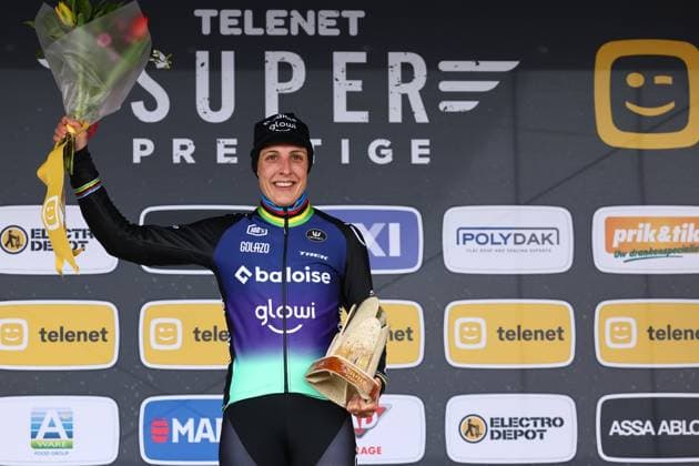Dutch Lucinda Brand celebrates on the podium after the women elite race of the Noordzeecross cyclocross cycling event in Middelkerke, the eighth and last race of the Superprestige competition on Saturday 08 February 2025. DAVIDxPINTENS  x111984124x