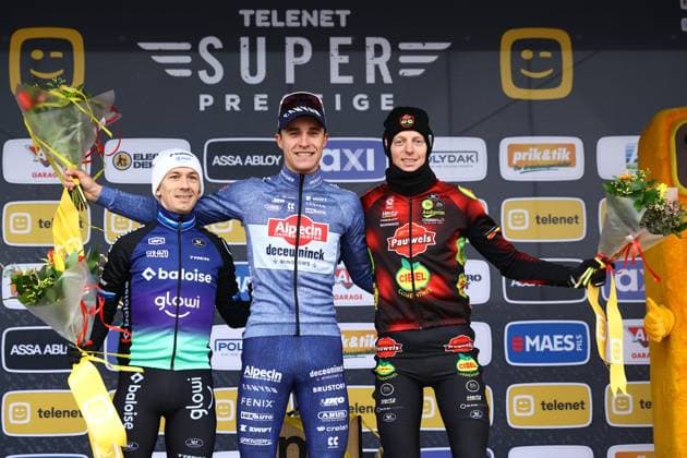 Dutch Lars Van Der Haar, Belgian Niels Vandeputte and Belgian Michael Vanthourenhout pictured on the podium after the men elite race of the Noordzeecross cyclocross cycling event in Middelkerke, the eighth and last race of the Superprestige competition on Saturday 08 February 2025. DAVIDxPINTENS  x111992588x