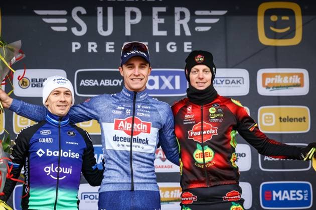 Dutch Lars Van Der Haar, Belgian Niels Vandeputte and Belgian Michael Vanthourenhout pictured on the podium of the general classement after the men elite race of the Noordzeecross cyclocross cycling event in Middelkerke, the eighth and last race of the Superprestige competition on Saturday 08 February 2025. DAVIDxPINTENS  x111993540x