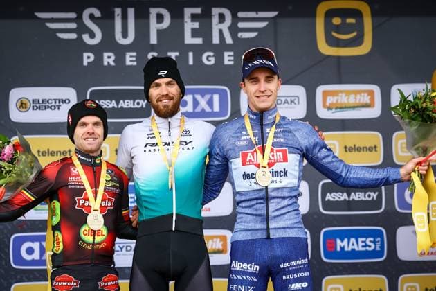 Belgian Eli Iserbyt, Dutch Joris Nieuwenhuis and Belgian Niels Vandeputte pictured on the podium after the men elite race of the Noordzeecross cyclocross cycling event in Middelkerke, the eighth and last race of the Superprestige competition on Saturday 08 February 2025. DAVIDxPINTENS  x111993557x