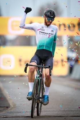 Dutch Joris Nieuwenhuis celebrates as he crosses the finish line to win the men elite race of the Noordzeecross cyclocross cycling event in Middelkerke, the eighth and last race of the Superprestige competition on Saturday 08 February 2025. DAVIDxPINTENS  x111993579x