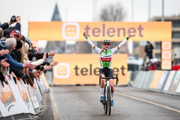 Dutch Inge van der Heijden celebrates as she crosses the finish line to win the women elite race of the Noordzeecross cyclocross cycling event in Middelkerke, the eighth and last race of the Superprestige competition on Saturday 08 February 2025. DAVIDxPINTENS  x111998936x