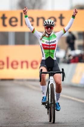 Dutch Inge van der Heijden celebrates as she crosses the finish line to win the women elite race of the Noordzeecross cyclocross cycling event in Middelkerke, the eighth and last race of the Superprestige competition on Saturday 08 February 2025. DAVIDxPINTENS  x111998942x