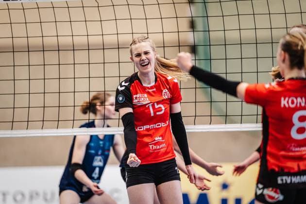 Volleyball Frauen Saison 2024 2025 2. Volleyball Bundesliga Frauen Pro ETV Hamburg vs. VCO Dresden 08.02.2025 Alexa Sophie Thaden ( 15, ETV Hamburg) jubelt Hamburg Lokstedter Steindamm 52 Hamburg Deutschland