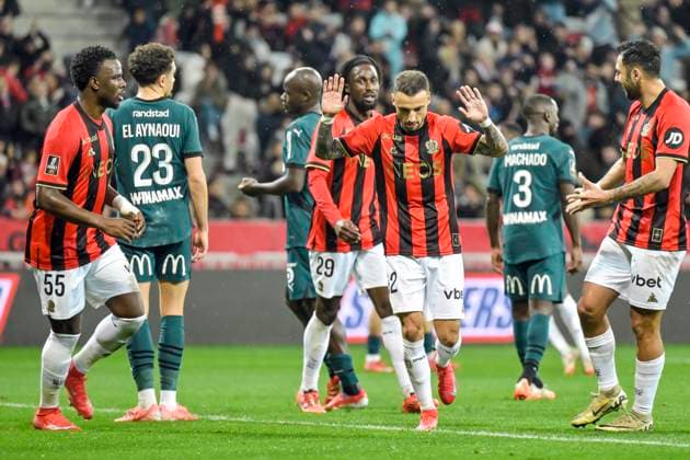 FOOTBALL : OGC Nice vs RC Lens - ligue 1 - 8 02 25 Nice™s defender 92 Jonathan Clauss reacts after goal during the French L1 football match between Nice (OGC Nice) and Lens (RC Lens) at Allianz Riviera Stadium of Nice, south France, on February 8, 2025. NICEFrance  Copyright: xfredxDIDES psnewzx