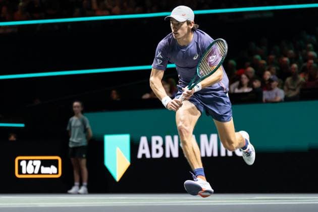 2025-02-08 ABN AMRO Open 2025 ROTTERDAM, NETHERLANDS - FEBRUARY 8: Alex de Minaur of Australia competing in the Men s Singles during the ABN AMRO Open 2025 at Rotterdam Ahoy on February 8, 2025 in Rotterdam, Netherlands. Rotterdam Rotterdam Ahoy Netherlands Content not available for redistribution in The Netherlands directly or indirectly through any third parties. Copyright: xMarleenxFouchierx