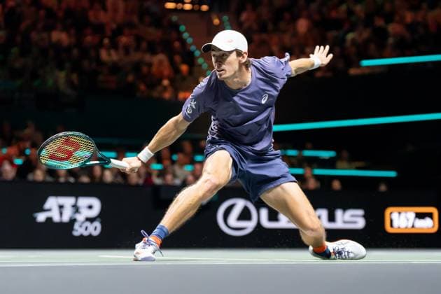 2025-02-08 ABN AMRO Open 2025 ROTTERDAM, NETHERLANDS - FEBRUARY 8: Alex de Minaur of Australia competing in the Men s Singles during the ABN AMRO Open 2025 at Rotterdam Ahoy on February 8, 2025 in Rotterdam, Netherlands. Rotterdam Rotterdam Ahoy Netherlands Content not available for redistribution in The Netherlands directly or indirectly through any third parties. Copyright: xMarleenxFouchierx