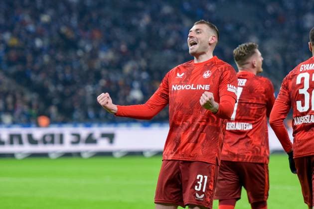 08.02.2025, xlakx, Fussball 2.Bundesliga, Hertha BSC Berlin - 1.FC Kaiserslautern emspor, v.l. Jubel nach dem 0:1 durch Luca Sirch (1.FC Kaiserslautern 31) (DFL DFB REGULATIONS PROHIBIT ANY USE OF PHOTOGRAPHS as IMAGE SEQUENCES and or QUASI-VIDEO) Daniel Lakomski Jan Huebner Berlin