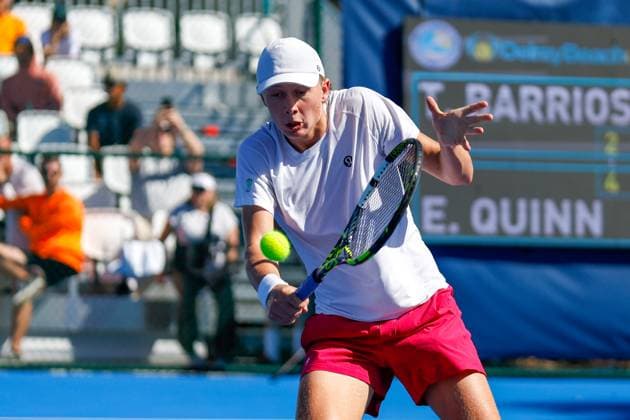 DELRAY BEACH, FL - FEBRUARY 08: Ethan Quinn (USA) hits a backhand during his match against Marcelo Tomas Barrios Vera (CHI) at the Delray Beach Open on February 8, 2025, at the Delray Beach Stadium & Tennis Center in Delray Beach, Florida.(Photo by Chris Arjoon Icon Sportswire) TENNIS: FEB 08 Delray Beach Open EDITORIAL USE ONLY Icon25020800184