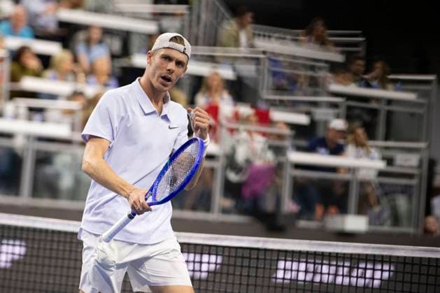 February 8, 2025, Frisco, Texas, USA: DENIS SHAPOVALOV (CAN) reacts in a singles semifinal match against TOMMY PAUL (USA) during day eight of the 2025 Dallas Open at the Star in Frisco, TX. DENIS SHAPOVALOV (CAN) defeated TOMMY PAUL (USA), 7:5, 6:3. Frisco USA - ZUMAh193 20250208_zsp_h193_060 Copyright: xDanielxMcGregor-Huyerx