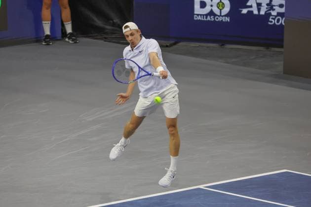 FRISCO, TX - FEBRUARY 08: Denis Shapovalov (CAN) hits a backhand during the semifinals of the Dallas Open on February 8, 2025 at Ford Center at The Star in Frisco, TX. (Photo by George Walker Icon Sportswire) TENNIS: FEB 08 Dallas Open EDITORIAL USE ONLY Icon250208104