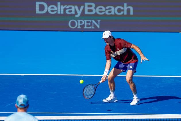 DELRAY BEACH, FL - FEBRUARY 08: Tommy Haas (GER) in action during the Legends Doubles match against Mike Bryan (USA) and Bob Bryan (USA) at the Delray Beach Open on February 8, 2025, at the Delray Beach Stadium & Tennis Center in Delray Beach, Florida.(Photo by Chris Arjoon Icon Sportswire) TENNIS: FEB 08 Delray Beach Open EDITORIAL USE ONLY Icon250208001116