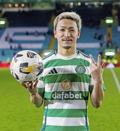 Football: Scottish Cup Celtic s Daizen Maeda poses after scoring a hat-trick in a Scottish Cup football match against Raith Rovers on Feb. 8, 2025, in Glasgow, Scotland.  A14AA0004118519P