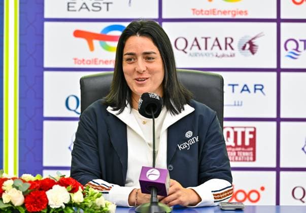 Ons Jabeur of Tunisia press conference, PK, Pressekonferenz Ons Jabeur of Tunisia talks to the media during a press conference ahead of the WTA, Tennis Damen Qatar TotalEnergies Open 2025 tennis tournament at the Khalifa International Tennis Complex in Doha, Qatar, on February 09, 2025. DOHA Qatar Copyright: xNoushadxThekkayilx