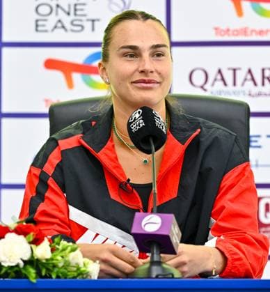 Aryna Sabalenka of Belarus press conference, PK, Pressekonferenz Aryna Sabalenka of Belarus talks to the media during a press conference ahead of the WTA, Tennis Damen Qatar TotalEnergies Open 2025 tennis tournament at the Khalifa International Tennis Complex in Doha, Qatar, on February 09, 2025. DOHA Qatar Copyright: xNoushadxThekkayilx