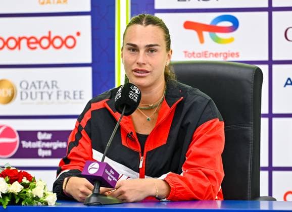 Aryna Sabalenka of Belarus press conference, PK, Pressekonferenz Aryna Sabalenka of Belarus talks to the media during a press conference ahead of the WTA, Tennis Damen Qatar TotalEnergies Open 2025 tennis tournament at the Khalifa International Tennis Complex in Doha, Qatar, on February 09, 2025. DOHA Qatar Copyright: xNoushadxThekkayilx