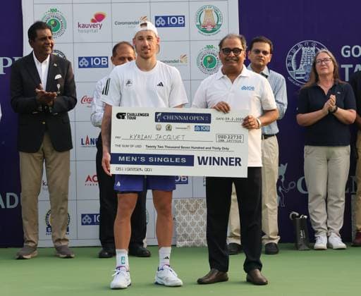 Chennai Open 2025: Singles Finals : Elias YMER (SWE) vs Kyrian JACQUET (FRA) Kyrian JACQUET (FRA) Kyrian JACQUET (FRA) won by 7-6(1) & 6-4 And became Chennai Open Champion Chennai SDAT Stadium INDIA Copyright: xSeshadrixSukumarx