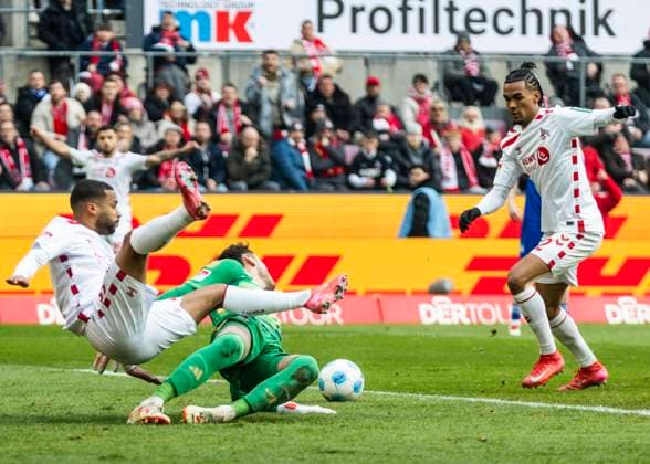 Köln, RheinEnergieStadion, 07.01.2025: Damion Downs of Koeln scores the 1:0 goal during the 2.Bundesliga 1.FC Köln vs. FC Schalke 04.