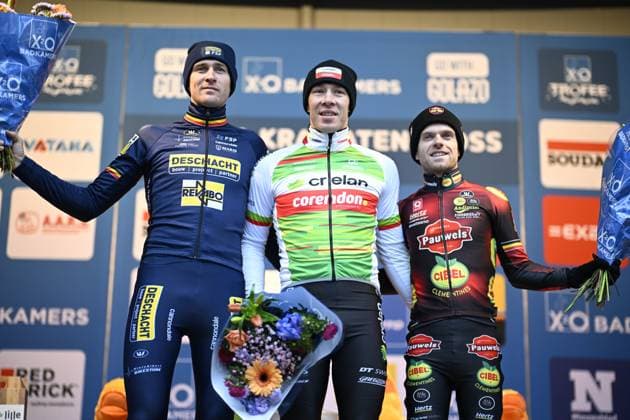 Belgian Toon Aerts, Belgian Laurens Sweeck and Belgian Eli Iserbyt pictured on the podium after the men s elite race of the Krawatencross cyclocross in Lille, stage 7 (out of 8) in the X2O Trofee Veldrijden competition, . JASPERxJACOBS  x112081644x