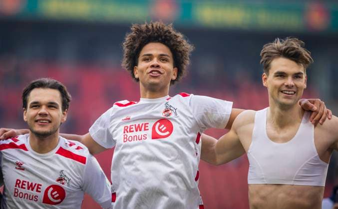 Köln, Germany. 09th Feb 2025. Max Finkgräfe (Köln) Neo Joshua Telle (Köln) Joel Schmied (Köln) 1. FC Köln - FC Schalke 04 08.02.2025