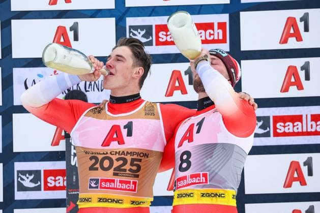 Bilder des Jahres 2025, Sport 02 Februar Sport Themen der Woche KW06 Sport Bilder des Tages INVERNALI - Sci Alpino - FIS Alpine World Ski Championships - Men s Downhill FIS Alpine World Ski Championships Saalbach 2025 Men s Downhill Gold Medal:von ALLMEN Franjo (SUI) Bronze Medal:MONNEY Alexis (SUI) Sunday 09 02 25 Saalbach Austria  Copyright: xIPAxSport ABACAx