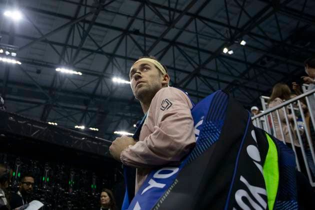 February 9, 2025, Frisco, Texas, USA: CASPER RUUD (NOR) looks back before a singles final match against DENIS SHAPOVALOV (CAN) during day eight of the 2025 ATP, Tennis Herren 500 Dallas Open at the Star in Frisco, TX. Frisco USA - ZUMAh193 20250209_zsp_h193_009 Copyright: xDanielxMcGregor-Huyerx