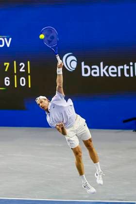 February 9, 2025, Frisco, Texas, USA: DENIS SHAPOVALOV (CAN) in action against Casper Ruud (NOR) during the finals of the ATP, Tennis Herren Dallas Open at Ford Center at The Star. SHAPOVALOV wins 7:6, 6:3. Frisco USA - ZUMAf180 20250209_zsp_f180_007 Copyright: xMarkxFannx