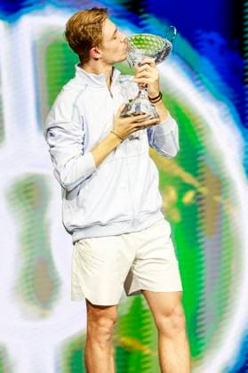 February 9, 2025, Frisco, Texas, USA: DENIS SHAPOVALOV (CAN) celebrates with the trophy during the finals of the ATP, Tennis Herren Dallas Open at Ford Center at The Star. SHAPOVALOV wins 7:6, 6:3. Frisco USA - ZUMAf180 20250209_zsp_f180_009 Copyright: xMarkxFannx