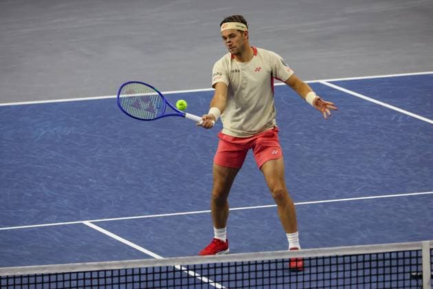 FRISCO, TX - FEBRUARY 09: Casper Ruud (NOR) hits a volley during the final of the Dallas Open on February 9, 2025 at Ford Center at The Star in Frisco, TX. (Photo by George Walker Icon Sportswire) TENNIS: FEB 09 Dallas Open EDITORIAL USE ONLY Icon250209016