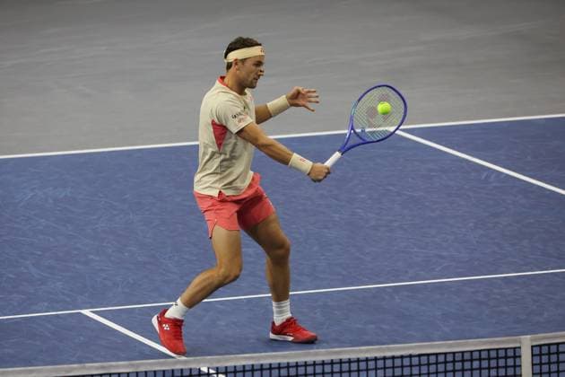 FRISCO, TX - FEBRUARY 09: Casper Ruud (NOR) hits a volley during the final of the Dallas Open on February 9, 2025 at Ford Center at The Star in Frisco, TX. (Photo by George Walker Icon Sportswire) TENNIS: FEB 09 Dallas Open EDITORIAL USE ONLY Icon250209017