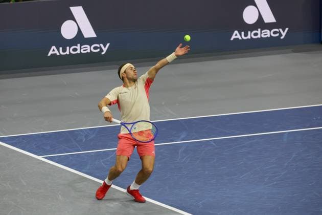 FRISCO, TX - FEBRUARY 09: Casper Ruud (NOR) serves during the final of the Dallas Open on February 9, 2025 at Ford Center at The Star in Frisco, TX. (Photo by George Walker Icon Sportswire) TENNIS: FEB 09 Dallas Open EDITORIAL USE ONLY Icon250209022
