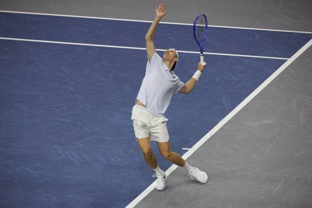 FRISCO, TX - FEBRUARY 09: Denis Shapovalov (CAN) serves during the final of the Dallas Open on February 9, 2025 at Ford Center at The Star in Frisco, TX. (Photo by George Walker Icon Sportswire) TENNIS: FEB 09 Dallas Open EDITORIAL USE ONLY Icon250209026