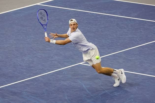 FRISCO, TX - FEBRUARY 09: Denis Shapovalov (CAN) hits a backhand during the final of the Dallas Open on February 9, 2025 at Ford Center at The Star in Frisco, TX. (Photo by George Walker Icon Sportswire) TENNIS: FEB 09 Dallas Open EDITORIAL USE ONLY Icon250209030