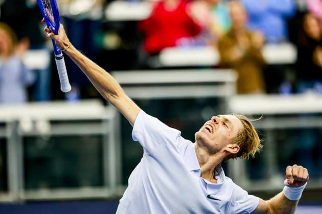 February 9, 2025, Frisco, Texas, USA: DENIS SHAPOVALOV (CAN) celebrates his win during the finals of the ATP, Tennis Herren Dallas Open at Ford Center at The Star. SHAPOVALOV wins 7:6, 6:3. Frisco USA - ZUMAf180 20250209_zsp_f180_004 Copyright: xMarkxFannx