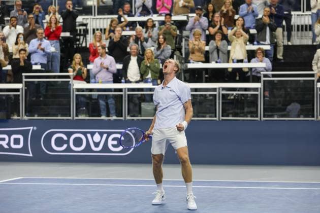 FRISCO, TX - FEBRUARY 09: Denis Shapovalov (CAN) celebrates after winning the Dallas Open on February 9, 2025 at Ford Center at The Star in Frisco, TX. (Photo by George Walker Icon Sportswire) TENNIS: FEB 09 Dallas Open EDITORIAL USE ONLY Icon250209039