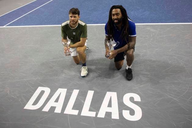 February 9, 2025, Frisco, Texas, USA: (Left to right) EVAN KING (USA) and CHRISTIAN HARRISON (USA) celebrate after winning a doubles final match against ARIEL BEHAR (URY) ROBERT GALLOWAY (USA) during day eight of the 2025 ATP, Tennis Herren 500 Dallas Open at the Star in Frisco, TX. EVAN KING (USA) CHRISTIAN HARRISON (USA) defeated ARIEL BEHAR (URY) ROBERT GALLOWAY (USA), 7:6, 7:6. Frisco USA - ZUMAh193 20250209_zsp_h193_036 Copyright: xDanielxMcGregor-Huyerx
