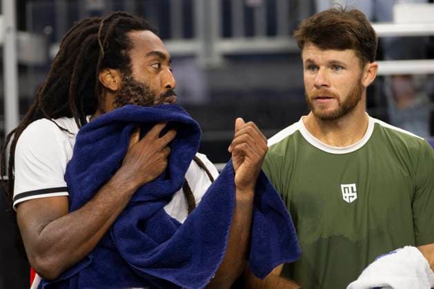 February 9, 2025, Frisco, Texas, USA: (Left to right) EVAN KING (USA) and CHRISTIAN HARRISON (USA) sit on the bench after winning a doubles final match against ARIEL BEHAR (URY) ROBERT GALLOWAY (USA) during day eight of the 2025 ATP, Tennis Herren 500 Dallas Open at the Star in Frisco, TX. EVAN KING (USA) CHRISTIAN HARRISON (USA) defeated ARIEL BEHAR (URY) ROBERT GALLOWAY (USA), 7:6, 7:6. Frisco USA - ZUMAh193 20250209_zsp_h193_043 Copyright: xDanielxMcGregor-Huyerx